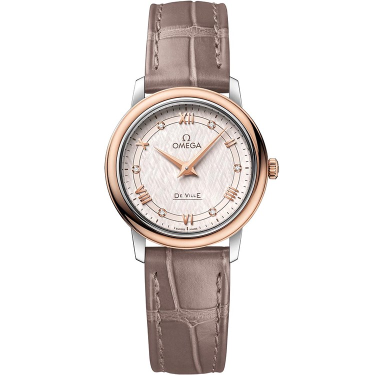 De Ville Prestige in Steel with Rose Gold Bezel On Taupe Brown Alligator Leather Strap with Ivory Silver Dial