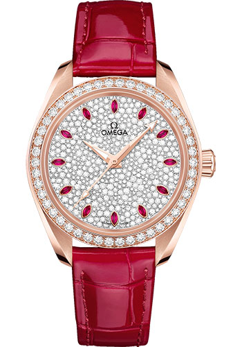 Seamaster Aqua Terra 150M Master Chronometer in Rose Gold with Diamond Bezel on Glossy Red Crocodile Leather Strap with Diamond Paved Snow Pattern Dial