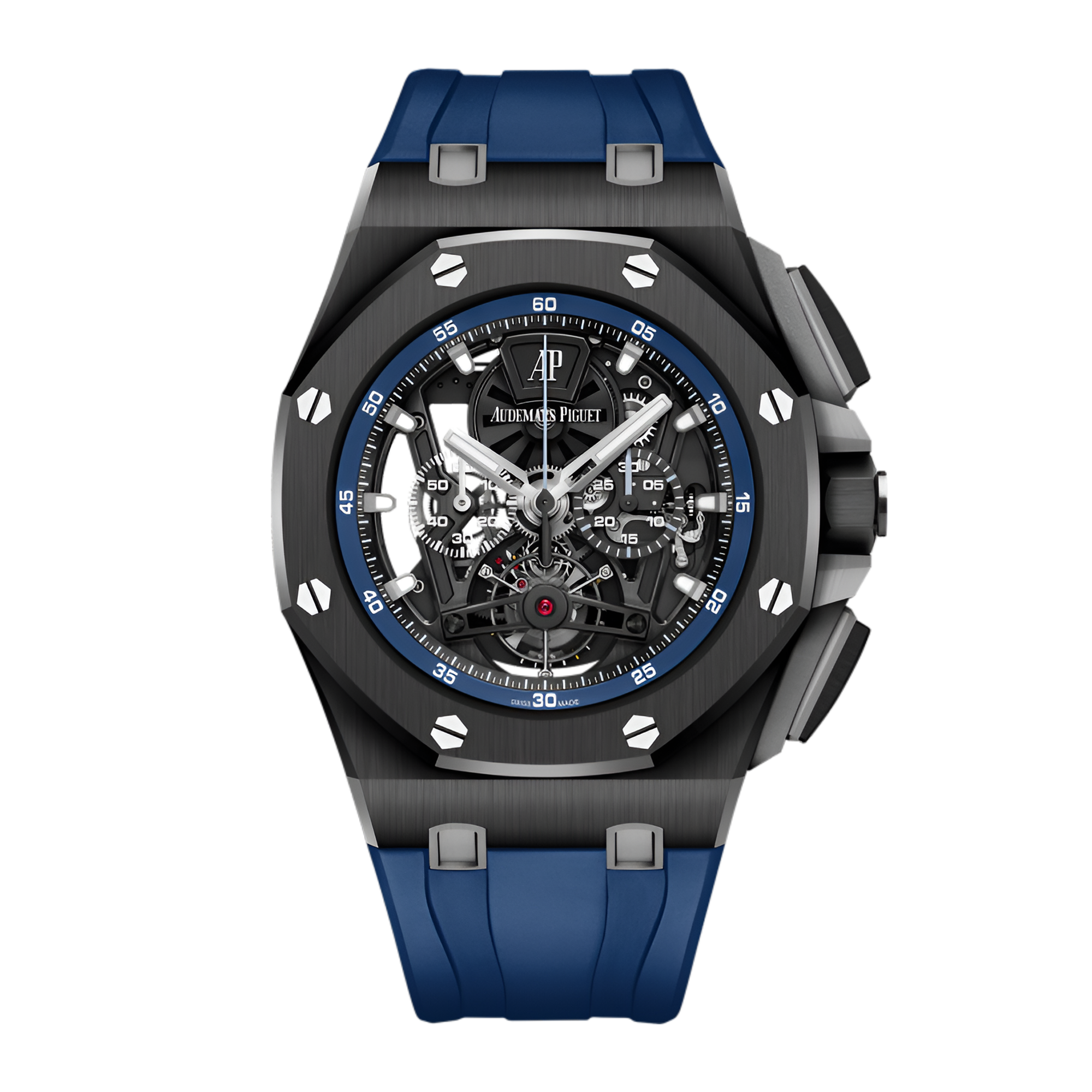 Royal Oak Offshore Tourbillon Chronograph in Black Ceramic On Blue Rubber Strap with Skeleton Dial