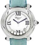 Happy Sport Round in Steel on Blue Crocodile Leather Strap with White Dial and 5 Floating Diamonds