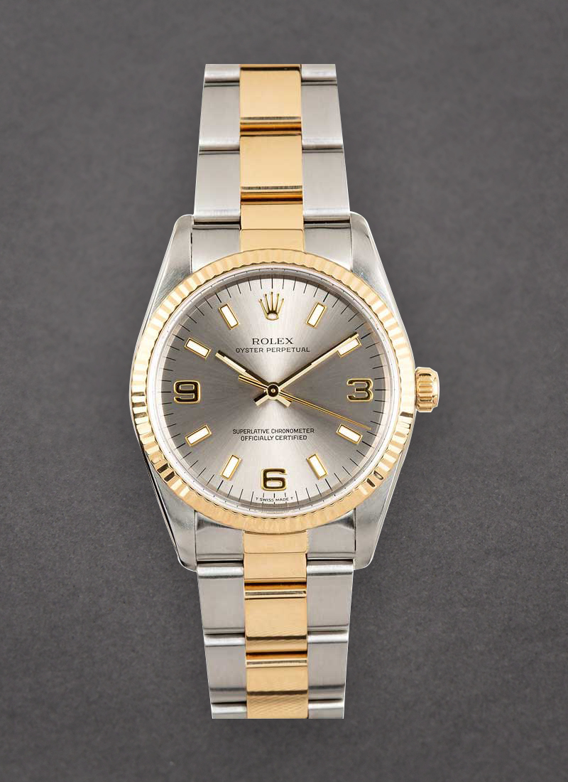 Pre-Owned Rolex Oyster Perpetual No Date 34mm in Steel with Yellow Gold Fluted Bezel