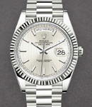 Day Date 40mm White Gold with Fluted Bezel on President Bracelet with Silver Stick Dial