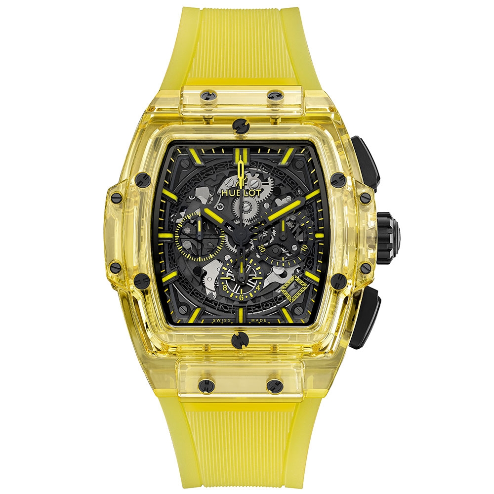Spirit Of Big Bang Chronograph in Yellow Sapphire Crystal on Yellow Structured Lined Rubber Strap with Skeleton Dial