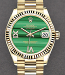 President 31mm Mid Size in Yellow Gold with Fluted Bezel on President Bracelet with Green Malachite Dial - Diamond on 6 & 9