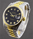 Datejust 36mm in Steel with Yellow Gold Fluted Bezel on Jubilee Bracelet with Black Diamond Dial