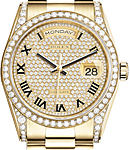 Day Date 36mm in Yellow Gold with Diamond Bezel on Bracelet with Pave Diamond Roman Dial