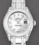 Ladies Masterpiece 29mm in White Gold with 2 Row Diamond Bezel and Lugs on Pearlmaster Diamond Bracelet with White MOP Diamond Dial