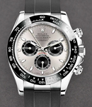 Daytona Rolex in White Gold with Black Bezel on Black Rubber Strap with Silver Panda Dial