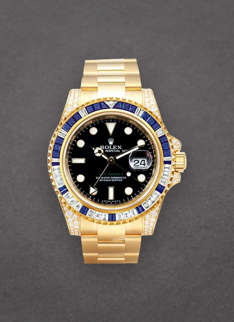 Pre-Owned Rolex GMT Master II 40mm in Yellow Gold with Diamonds on Bezel and Lugs