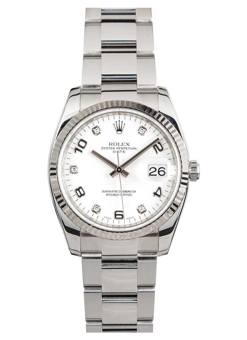 Pre-Owned Rolex Date 34mm in Steel with White Gold Fluted Bezel
