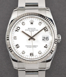 Date 34mm in Steel with White Gold Fluted Bezel on Bracelet with White Diamond and Arabic Numerals Dial