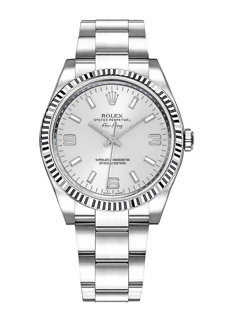 Pre-Owned Rolex Air King 34mm in Steel with White Gold Fluted Bezel