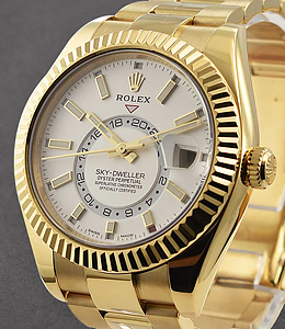 Sky Dweller Oyster 42mm in Yellow Gold with Fluted Bezel on Oyster Bracelet with White Stick Dial