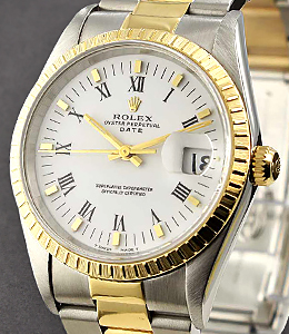 Date 34mm in Steel with Yellow Gold Fluted Bezel on Oyster Bracelet with White Roman Dial