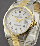 Date 34mm in Steel with Yellow Gold Fluted Bezel on Oyster Bracelet with White Roman Dial