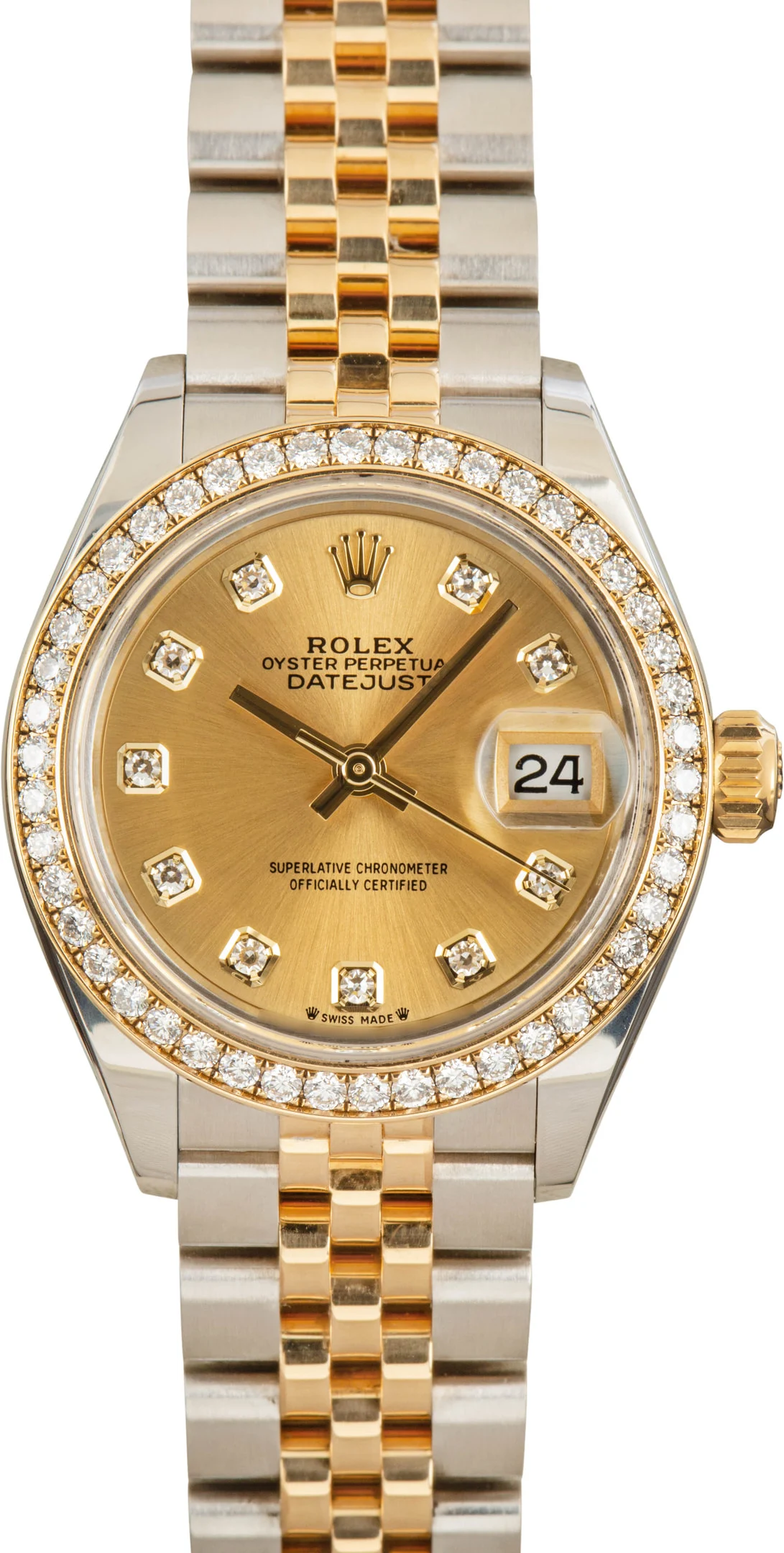 Ladies 28mm Datejust in Steel with Yellow Gold Diamond Bezel on Bracelet with Champagne Diamond Dial