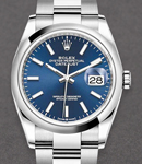 Datejust 36 in Steel with Smooth Bezel on Oyster Bracelet with Blue Stick Dial