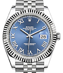 Datejust 41mm Steel with White Gold Fluted Bezel on Bracelet with Azzurro Blue Roman Dial