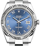 Datejust 41mm in Steel and White Gold Fluted Bezel on Steel Oyster Braclet with Azzurro Blue Roman Dial