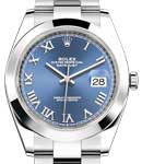 Datejust 41mm in Steel with Smooth Bezel on Oyster Bracelet with Azzurro Blue Roman Dial