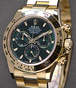Daytona 40mm in Yellow Gold on Oyster Bracelet with Green Stick Dial