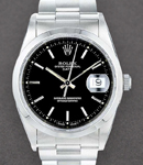 Date 34mm in Steel with Domed Bezel on Oyster Bracelet with Black Stick Dial