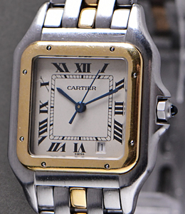 Panther 27mm Date in Steel with Yellow Gold Bezel on Steel and Yellow Gold Bracelet with White Roman Dial