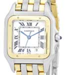 Panther 27mm Mid Size  in Steel and Yellow Gold Bezel on Steel and 3 Row Yellow Gold Bracelet with White Roman Dial