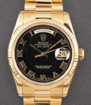 Day Date President 36mm in Yellow Gold with Fluted Bezel on President Bracelet with Black Pyramid Roman Dial