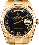 Day Date President 36mm in Yellow Gold with Fluted Bezel on President Bracelet with Black Pyramid Roman Dial