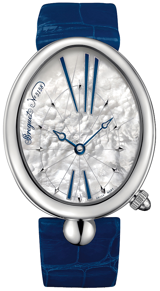 Reine de Naples in Steel on Blue Crocodile Leather Strap with Mother of Pearl Dial