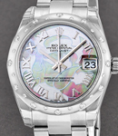 Datejust Mid Size 31mm in Steel with 24 Diamond Bezel on Oyster Bracelet with Golddust MOP Roman Dial