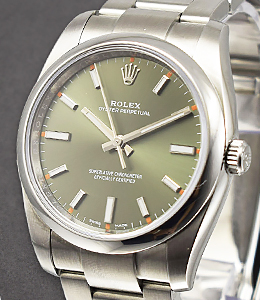 Oyster Perpetual No Date - 34mm in Steel with Smooth Bezel on Oyster Bracelet with Green Stick Dial