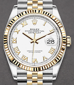 Datejust 36mm in Steel with Yellow Gold Fluted Bezel on Jubilee Bracelet with White Roman Dial