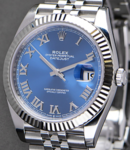 Datejust II 41mm in Steel with White Gold Fluted Bezel on Jubilee Bracelet with Blue Roman Dial