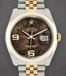 Datejust 36mm in Steel with Yellow Gold Fluted Bezel on Jubilee Bracelet with Brown Floral Dial