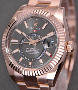 Sky Dweller in Rose Gold with Fluted Bezel on Oyster Bracelet with Rhodium Stick Dial