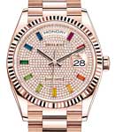 President Day-Date 36mm in Rose Gold with Fluted Bezel on President Bracelet with Pave Rainbow Diamond Dial