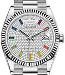 President Day-Date 36mm in White Gold with Fluted Bezel on President Bracelet with Pave Diamond Dial - Rainbow Sapphire Markers
