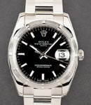 Date 34mm in Steel with Engine Turned Bezel on Oyster Bracelet with Black Index Dial