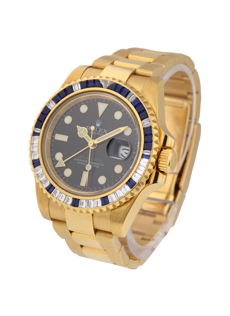 Pre-Owned Rolex GMT Master II in Yellow Gold with Baguette Diamond Bezel