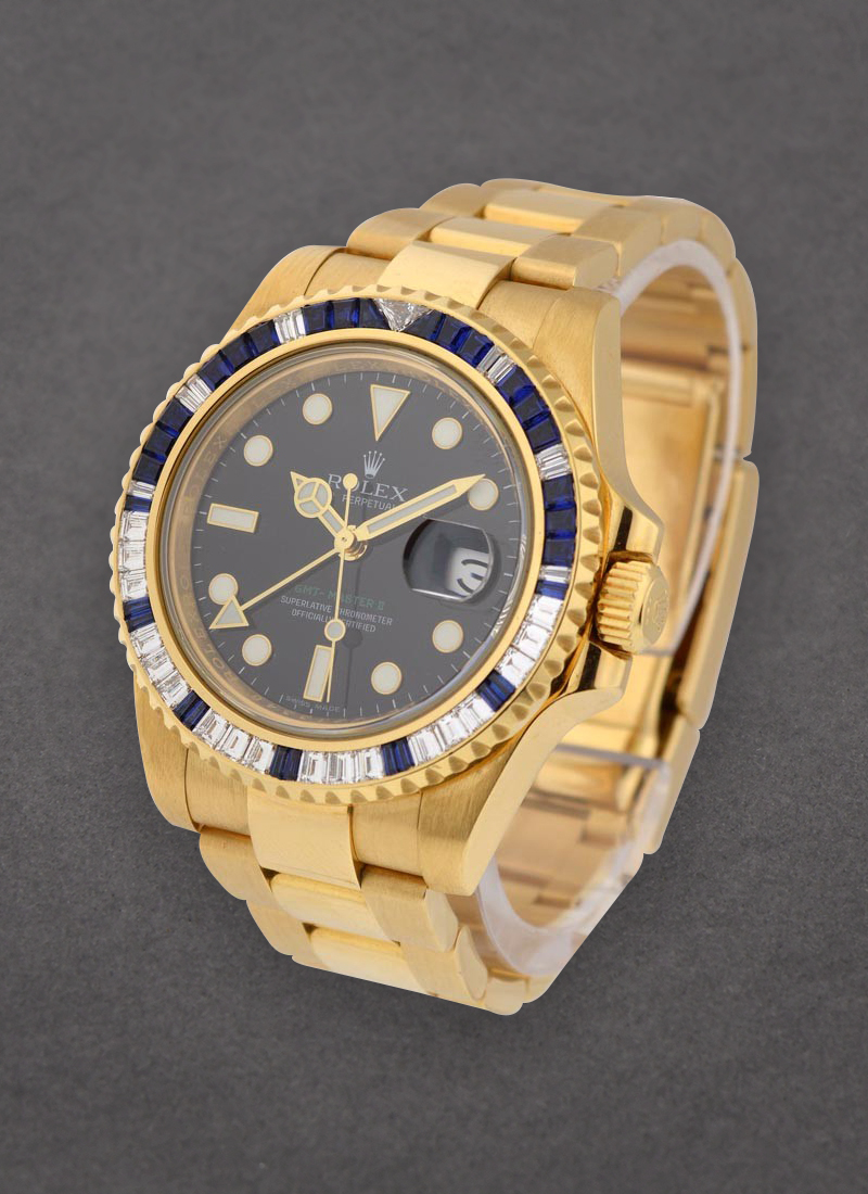 Pre-Owned Rolex GMT Master II in Yellow Gold with Baguette Diamond Bezel