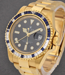 GMT Master II in Yellow Gold with Baguette Diamond Bezel on Oyster Bracelet with Black Dial