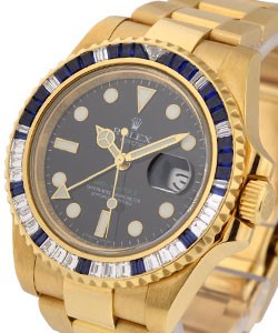 GMT Master II in Yellow Gold with Baguette Diamond Bezel on Oyster Bracelet with Black Dial
