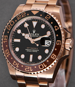 GMT Master II in Rose Gold with Black and Brown Bezel   on Oyster Bracelet with Black Dial