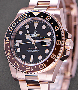 GMT Master II in Rose Gold with Black and Brown Bezel on Oyster Bracelet with Black Dial