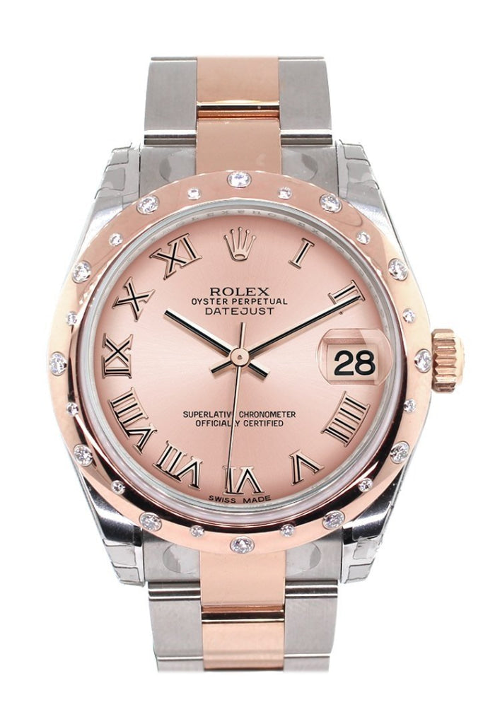 Midsize Datejust 31mm in Steel with Rose Gold Scattered Diamond Bezel on Oyster Bracelet with Pink Roman Dial