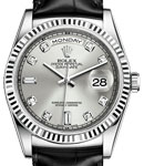President 36mm Day-Date in White Gold with Fluted Bezel on Black Crocodile Leather Strap with Silver Diamond Dial