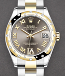 Midsize 31mm Datejust in Steel with YG 24 Diamond Bezel on Oyster Bracelet with Dark Grey Roman Dial with Diamond at Vi