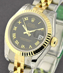 Datejust Lady's 26mm in Steel with Yellow Gold Fluted Bezel on Jubilee Bracelet with Black Roman Dial